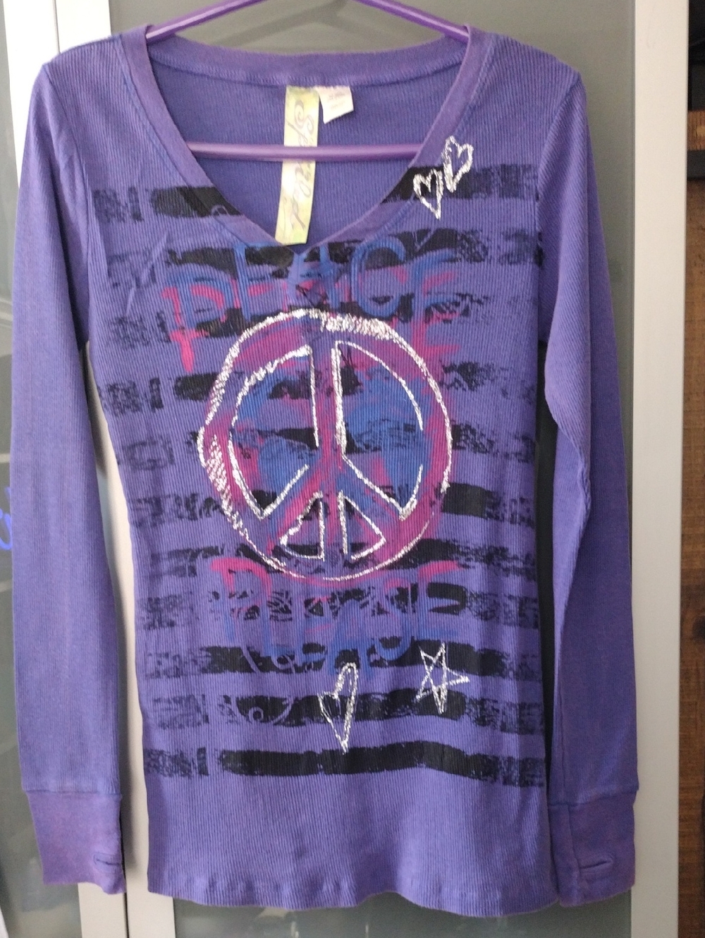 Purple 100% cotton long sleeved v neck thermal top w peace sign hearts stars ❤️
